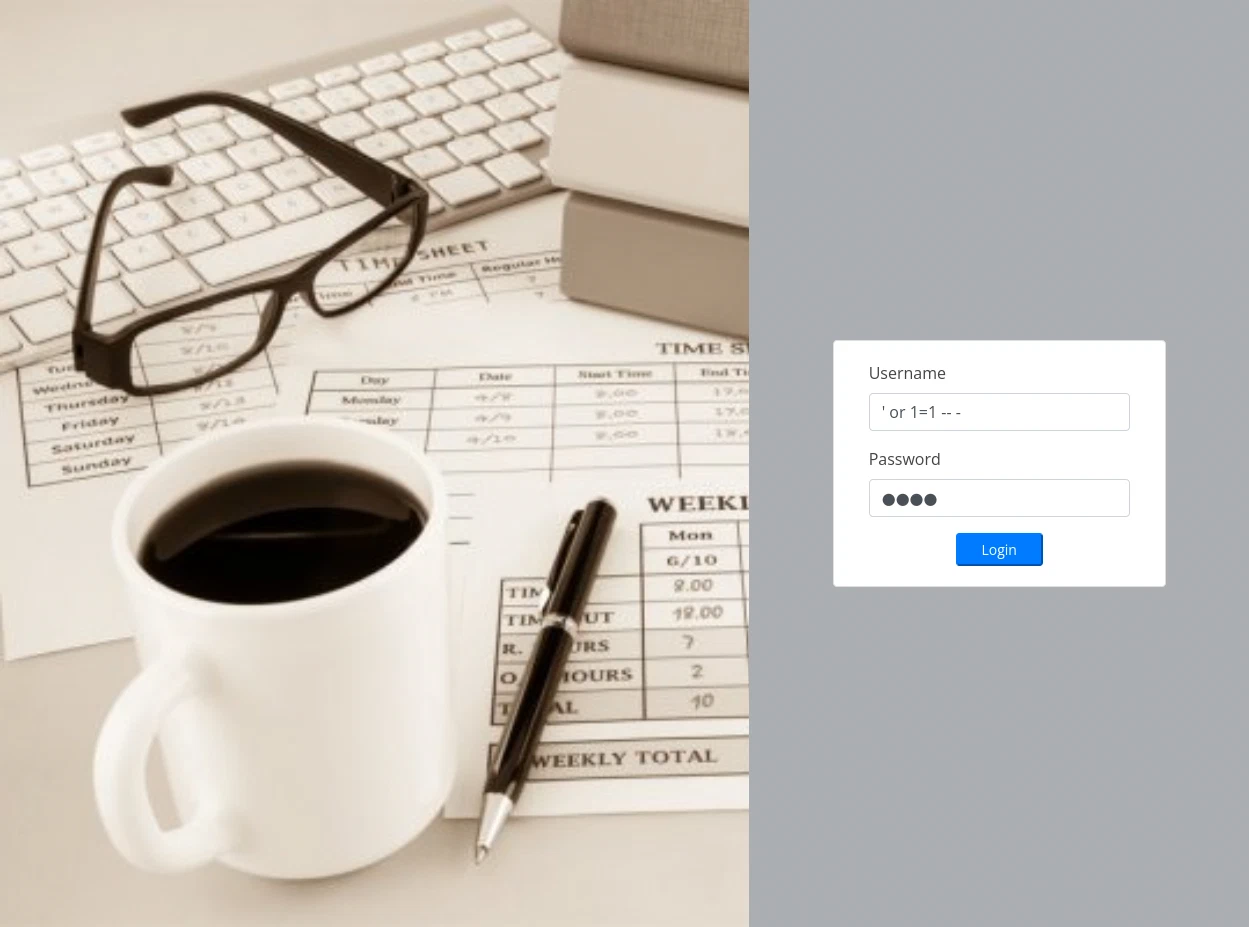 SQL injection payload entered in the username field of the login form
